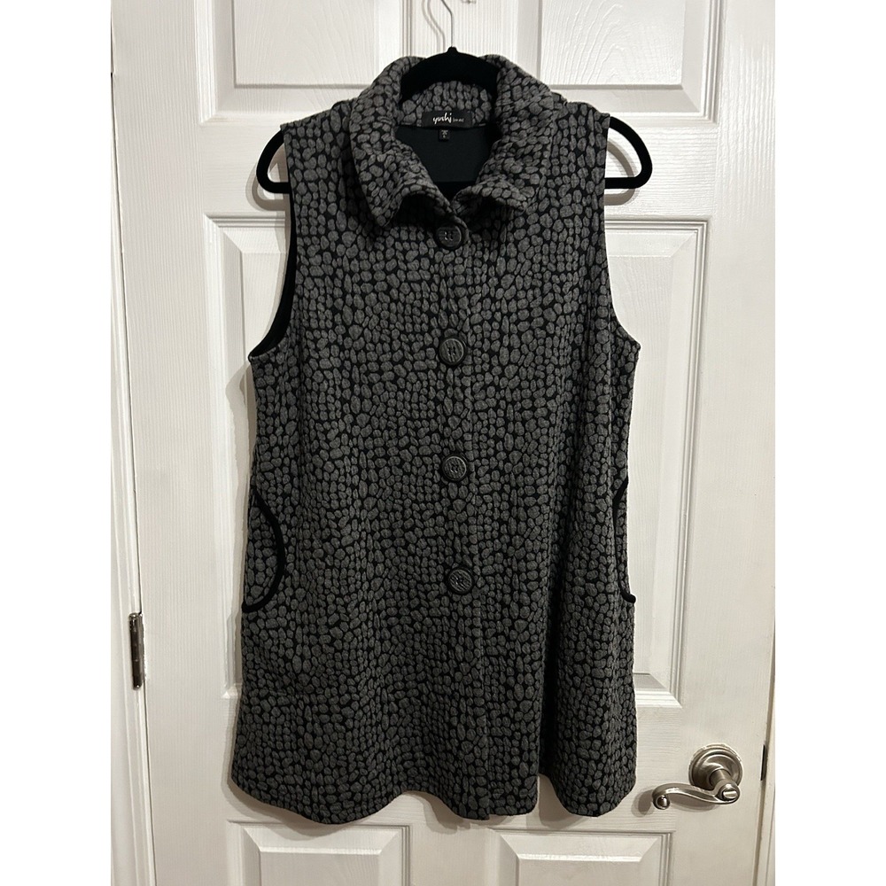 Yushi Vest Top Womens Large Black Gray Pebble Dot‎ Button Front Pockets USA